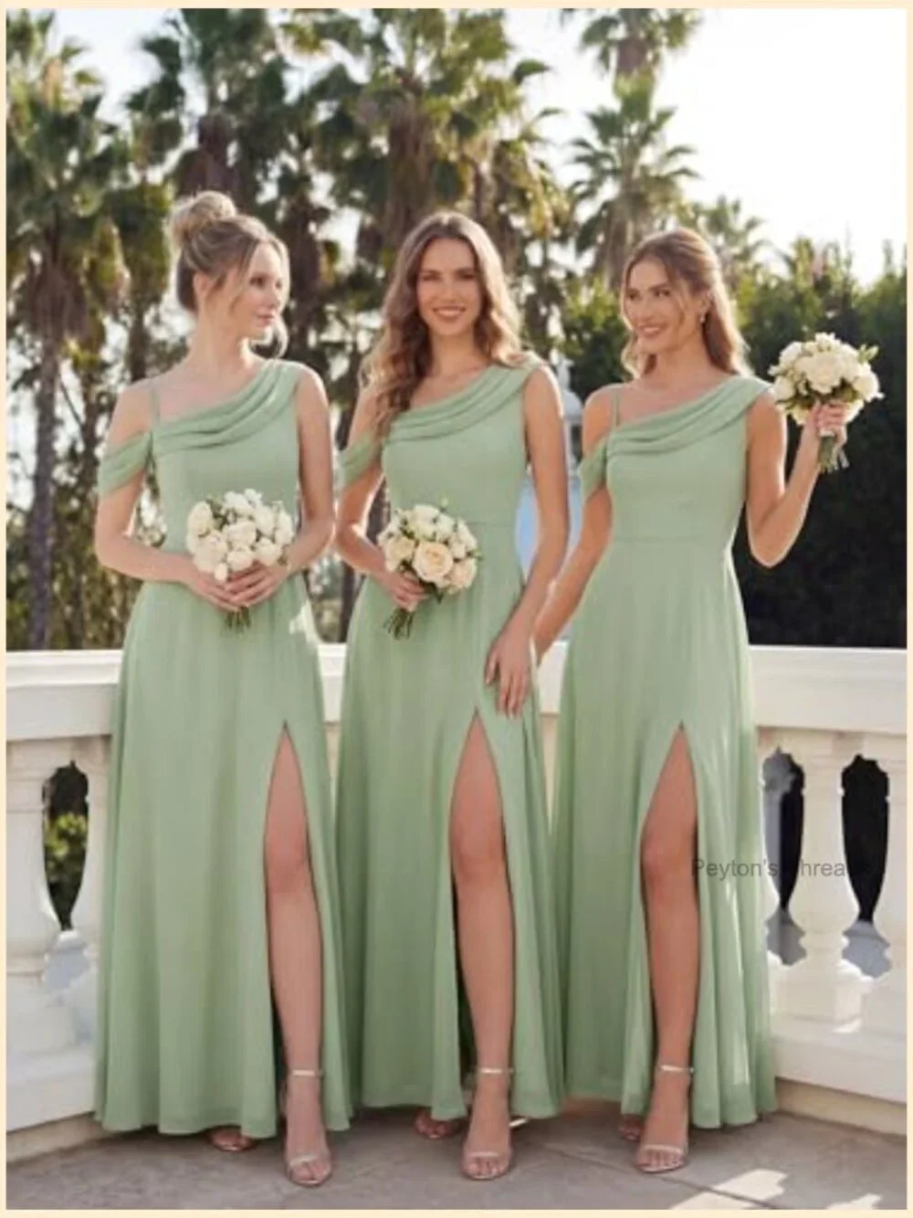 One Shoulder Bridesmaid Dress Short Sleeves Chiffon A-Line Floor Length